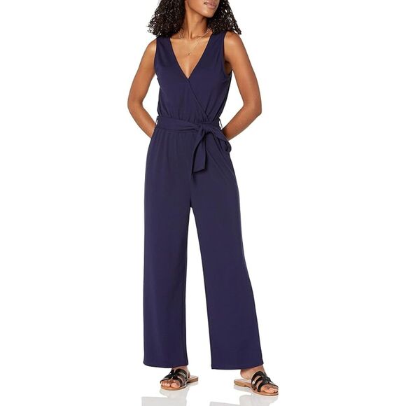 👗 The Drop M Sleeveless Wrap Jumpsuit Navy Stretch Knit @caralynmirand - Picture 1 of 6